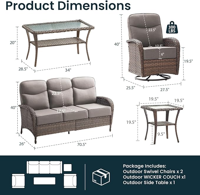 Luxury 6-Inch Cushion Patio Furniture Set, High Back Outdoor Swivel Rocker Patio Chairs with Outdoor Couch, Outdoor Wicker Conversation for Deck Porch Garden Balcony Poolside Gray Cushion