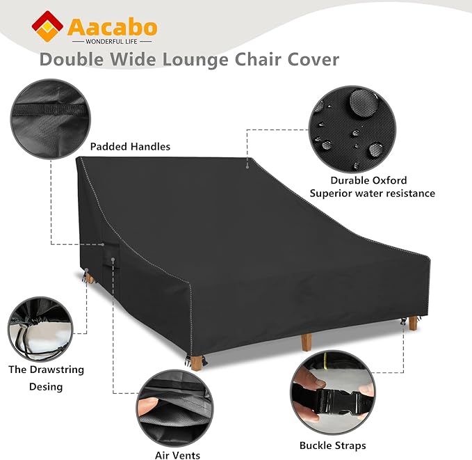 Double Chaise Lounge Cover Waterproof Heavy Duty 82Inch Double Wide Patio Chaise Lounge Chair Covers-Black