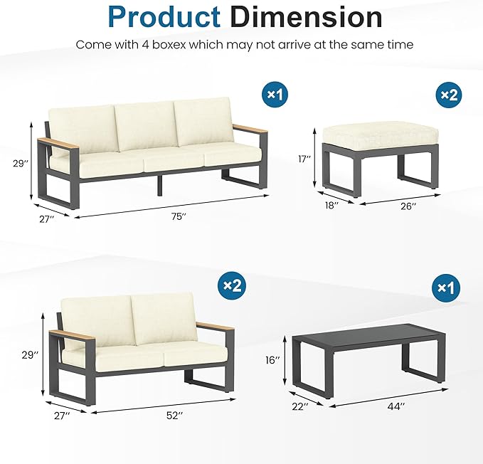 RoyalCraft Aluminum Patio Furniture, 6 Piece Metal Outdoor Furniture Set with Coffee Table & Ottomans, Modern Patio Sofa Sets Outdoor Conversation Set for Pool Garden Porch Backyard, Beige