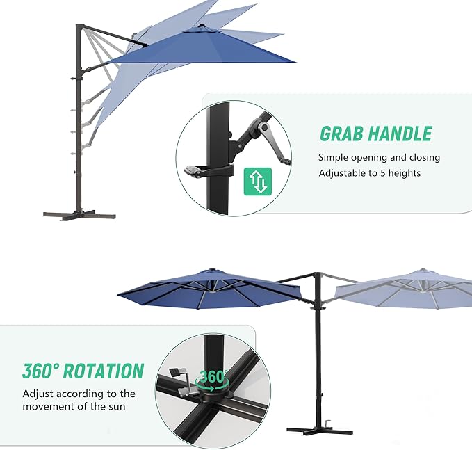 Greesum 10FT Outdoor Patio Umbrella with High Pedel and 4 Gear Heights, Large Offset Market Umbrella with 360-degree Rotation, Without Base, Hanging Outdoor Shade for Garden, Lawn, Pool, Deep Blue