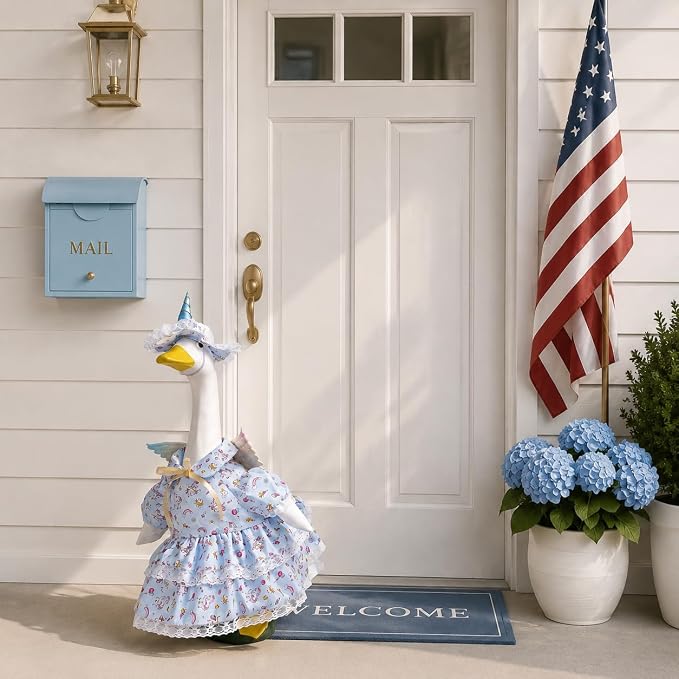 Unicorn Fairy Porch Goose Outfit, Pastel Lace Ruffle Dress & Horn Hat with Iridescent Wings, Fits Standard 23 Inch Lawn Goose Statue, Outdoor Garden Yard Decor