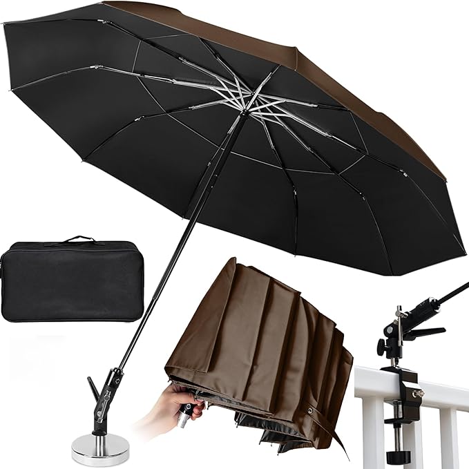 New 60" Folding Magnetic Umbrella,Designed for Outdoor Work,600lb Strong Suction Hvac Umbrella With Magnetic Base & Clamp,2-in-1 Sun & Rain Protection,180° Adjustable,Portable for HVAC (Brown)