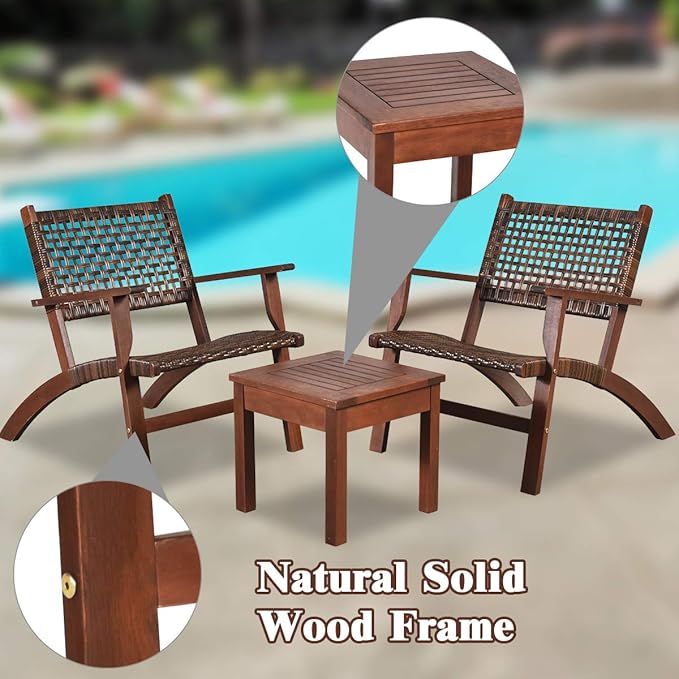 Tangkula 3 Pieces Patio Conversation Set, Solid Eucalyptus Wood Frame Outdoor Wicker Furniture Set Bistro Set with Coffee Table, Rattan Furniture Set for Backyard Porch Garden Poolside Balcony (Brown)