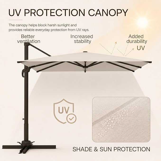 Kingdura 9' X 9' Cantilever Patio Umbrella with Base Included, Large Square Outdoor Offset Umbrella with 360-degree Rotation, 4 Position Tilt, UV Protection for Pool Deck Garden Patio (Cream white)
