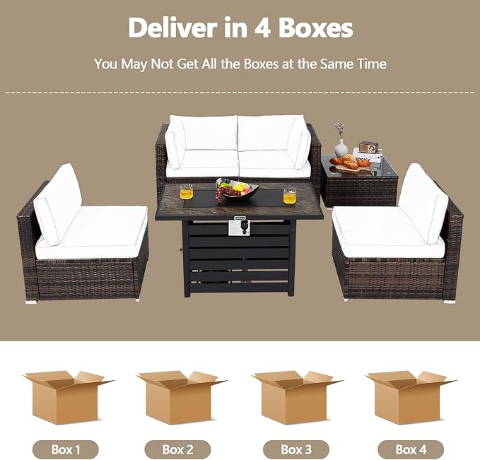 Tangkula 6-Piece Patio Furniture Set with 42 Inches Propane Fire Pit Table, Outdoor Wicker Conversation Set with Cushions and Tempered Glass Coffee Table, 50,000 BTU Gas Fire Pit Table (Black)