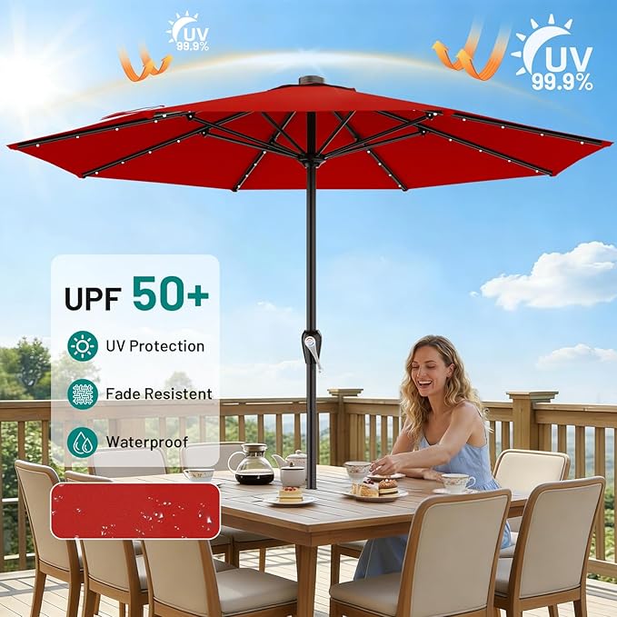 AreShark 12FT Large Patio Umbrella with Solar Lights, Solar Powered Outdoor Umbrella with Crank, Patio Table Market Umbrellas for Garden, Deck, Backyard, Pool and Beach, Red