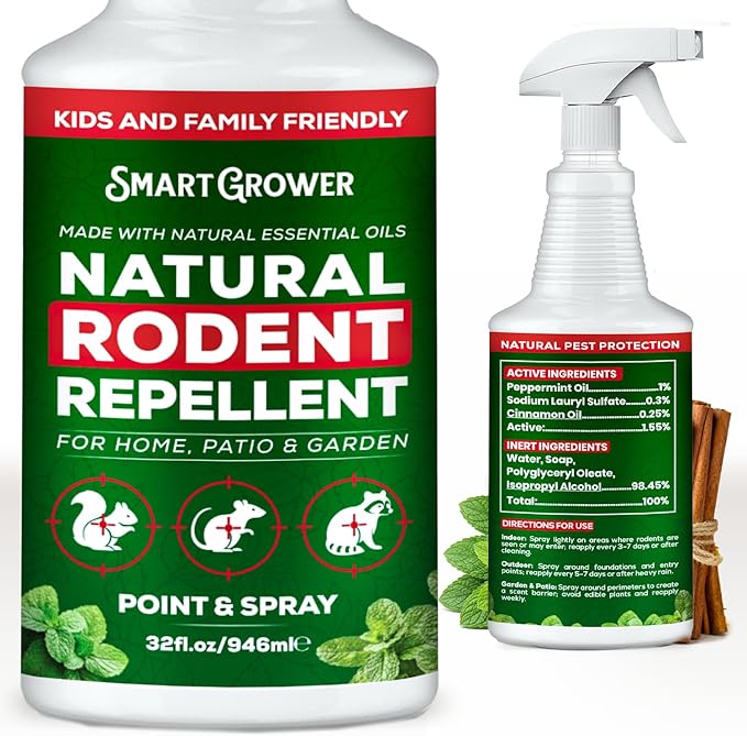 Peppermint Oil Spray for Rodents – Maximum Strength Ready to Use Peppermint Spray for Rodent, Mice, Squirrels – Indoor, Outdoor & Car Engine Protection – 32 oz