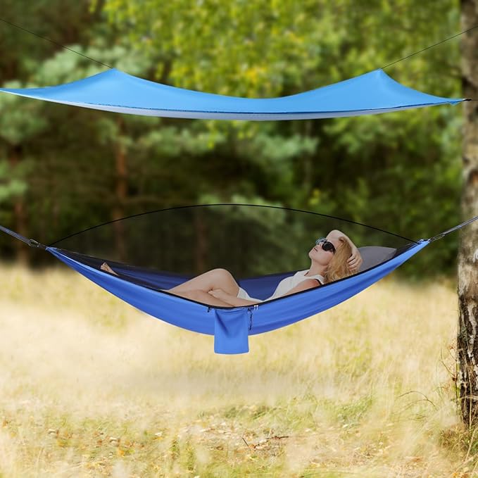 Camping Hammock, Portable Camping Hammock Double Tree Hammock Outdoor Indoor Backpacking Travel & Survival, with 2 Tree Straps and Attached Carry Bag (Blue)