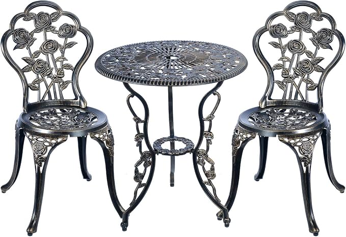 C/G 3 Piece Bistro Set, Outdoor Patio Table, Anti-Rust Cast Aluminum for Front Porch & Yard (Antique Copper)