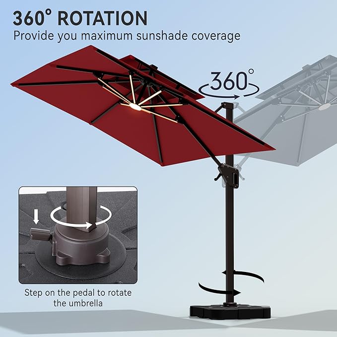 9' X 12' Cantilever Patio Umbrella with Base Included and Led Lights Double Top Rectangular Outdoor Large Offset Umbrellas with 7 Tilts Adjustable 360°Rotation for Deck Pool Garden Backyard, Red