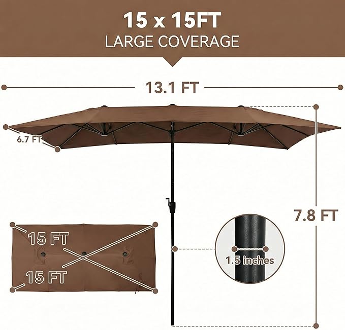 15×15ft Outdoor Patio Umbrella, Double Sided Market Rectangle Umbrella with Crank Handle, Large Sun Shade for Outside Deck, Backyard, Garden