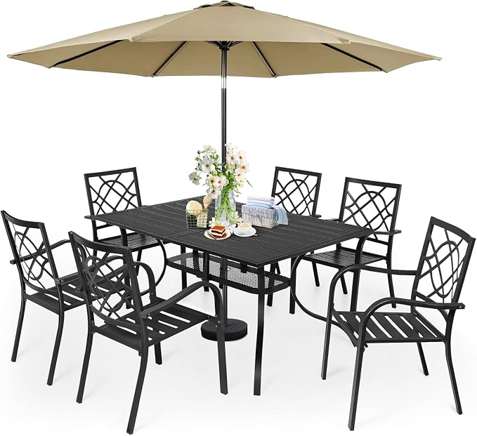 7 Piece Outdoor Patio Dining Set with Umbrella, Patio Metal Furniture Set Outdoor Rectangular Dining Table with 9 FT Patio Umbrella & Stackable Backyard Garden Chairs