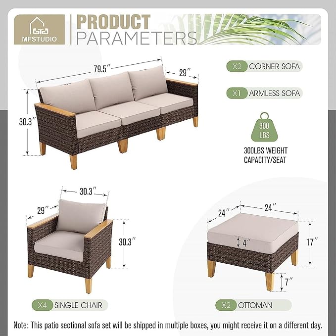 MFSTUDIO 9 Seat Extra Large Wicker Patio Furniture Set, All-Weather Rattan Patio Conversation Sets, 4 x Armrest Chair, 3-Seat Sofa, 2 x Ottoman, Outdoor Patio Sectional Sofa for Garden