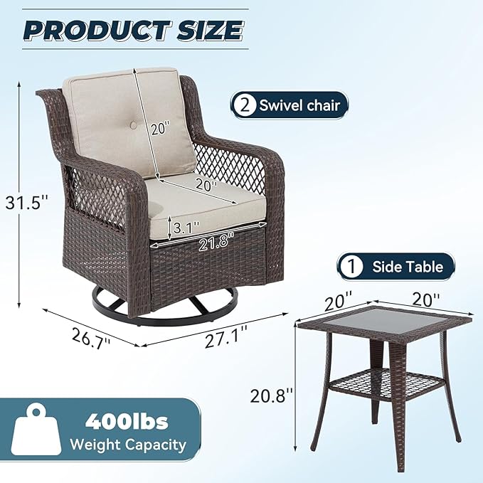 3 Pieces Patio Swivel Chairs, Wicker Patio Conversation Sets with Rocking Chair, Side Table for Outdoor Garden Porch Backyard(Beige)