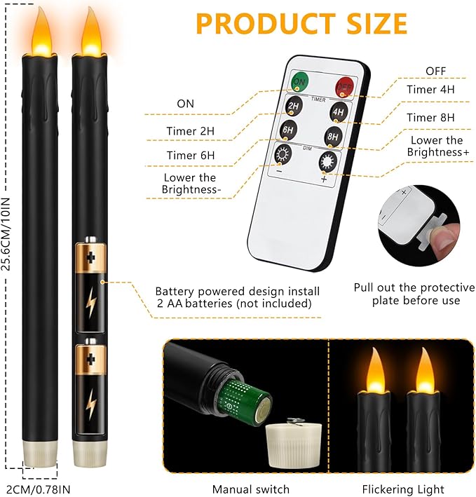 wemarry 24 Pcs Black Flameless Taper Candles with Remote, 10" Black Battery Operated Led Candlesticks with Flickering 3D Flame, Fake Taper Candles for Halloween Anniversaries Dinner Home Décor