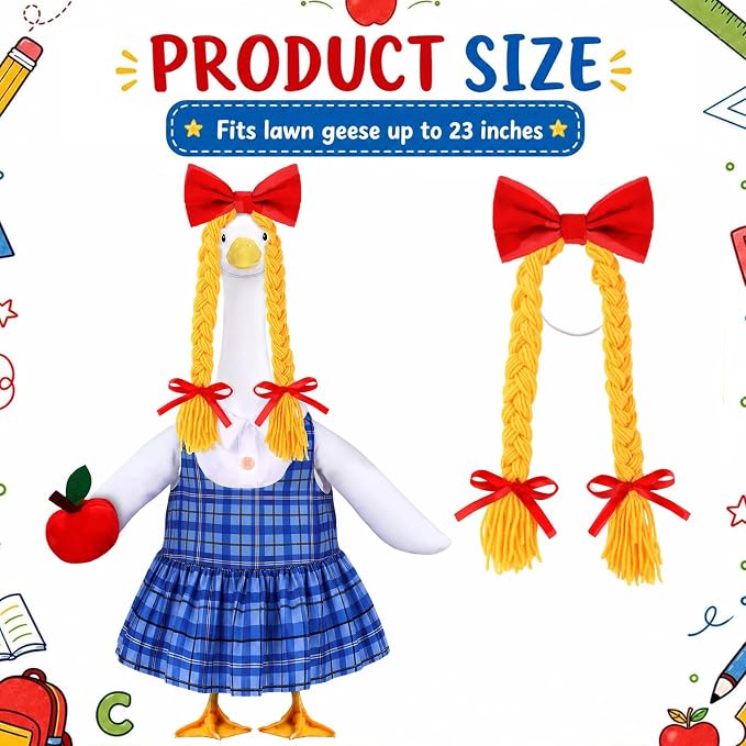 Celltestria Back to School Goose Outfits Porch Goose Costume with Apple Blue Grid Goose Clothes for 23" Geese School Outdoor Patio Yard Lawn Garden Art Decoration
