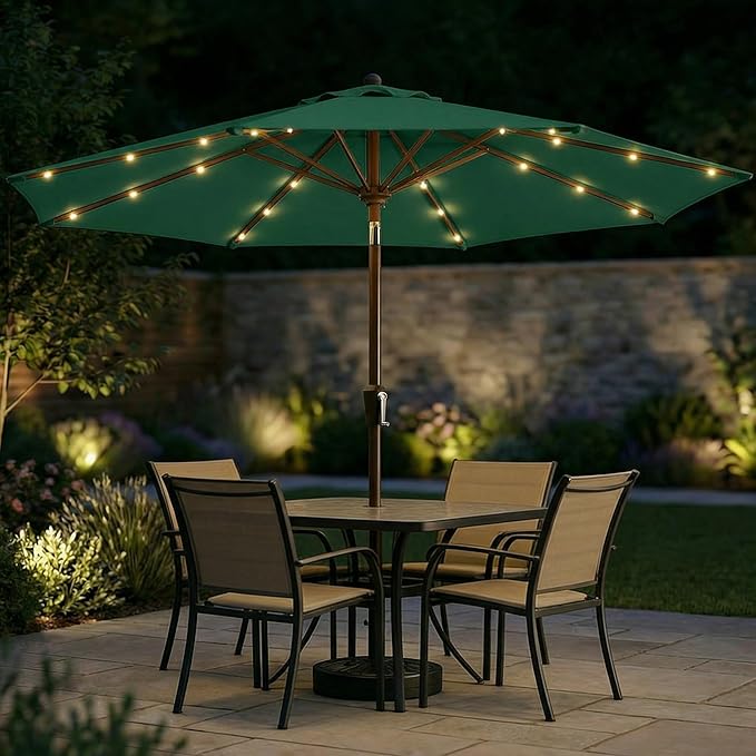 10FT Solar Patio Umbrella with Lights, Outdoor Table Market Umbrella with 32 LED Lights, 8 Sturdy Ribs, Push Button Tilt and Crank for Pool, Deck and Garden, UV-Resistant
