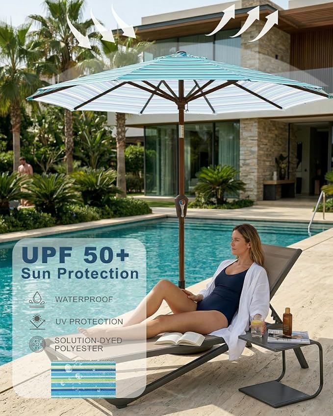 PatioKingdom 10FT Patio Umbrella with Push Button Tilt and Crank, Outdoor Market Umbrella with 8 Fiberglass Ribs, UV Protection Table Umbrella for Pool,Backyard,Garden,Deck