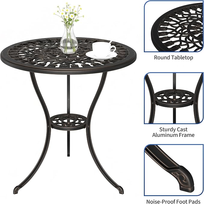 GAOMON 23" Cast Aluminum Patio Bistro Table with Umbrella Hole, Outdoor Round Coffee Bistro Side Table, Anti-Rust Outdoor Furniture for Backyard, Garden, Porch, Pool, Balcony, Bronze