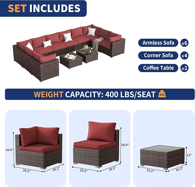 Patio Furniture Set, 12-Piece Outdoor Sectional with Waterproof Cover, All-Weather Wicker Patio Conversation Sets for Backyard (Brown with Red Cushion)