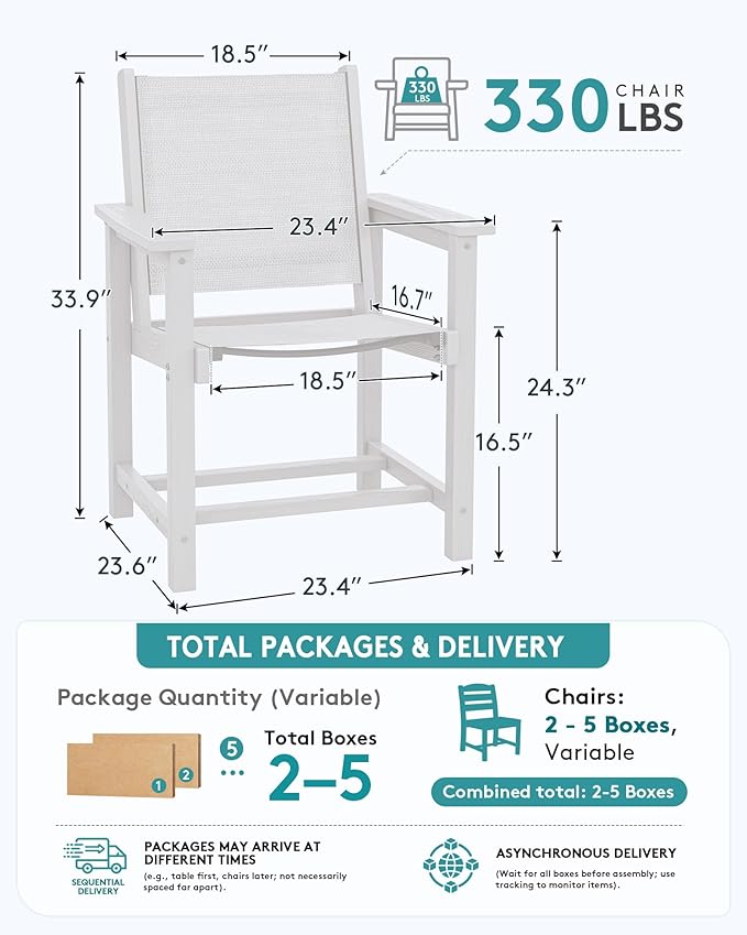 SERWALL Outdoor Dining Chairs Set of 2, All-Weather HDPE Textilene Sling Dining Chair for Backyard, Garden, White