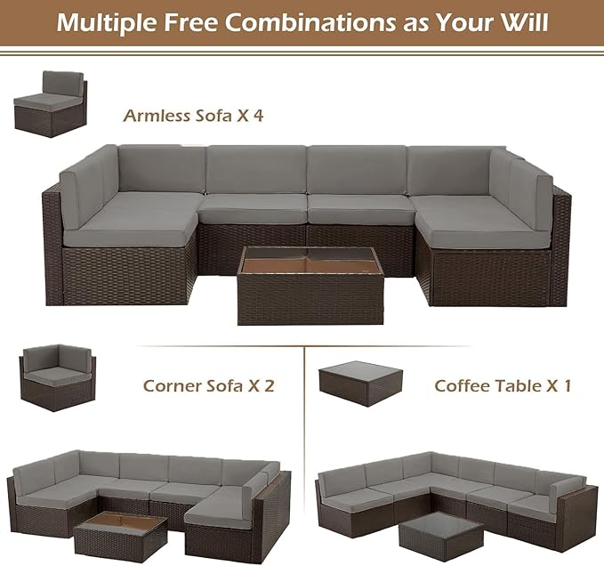 U-MAX 7 Piece Outdoor Patio Furniture Set, PE Rattan Patio Brown Wicker Sectional Furniture Chair Set with Cushions and Tea Table, Brown Rattan and Dark Grey Cushion