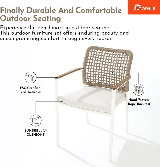 Modern Shade 5 Piece Luxury Outdoor Dining Set, Designer Outdoor Table and Chairs with Fade Resistant Cushions & FSC Teak, Premium Aluminum Patio Table and Chairs Set for Elegant Outdoor Living, Beige