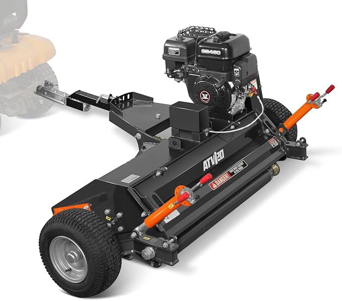 MechMaxx 48 inch Working Width Tow-Behind ATV Offset Flail Mower, ZONSEN 459cc 15HP Electric Start Gasoline Engine, 0.4in-2.5in Cutting Height,28pcs Hammers,Model ATV120