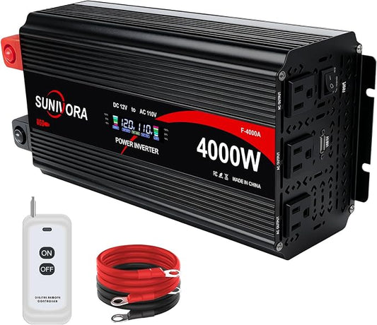 4000 Watt Power Inverter 12V to 110V/120V DC to AC Converter 8000W Peak, with Remote Control & LCD, 3 AC Outlets & 1 USB Ports Power Inverters for Vehicles Car Truck Boat RV Camping Solar System EPS