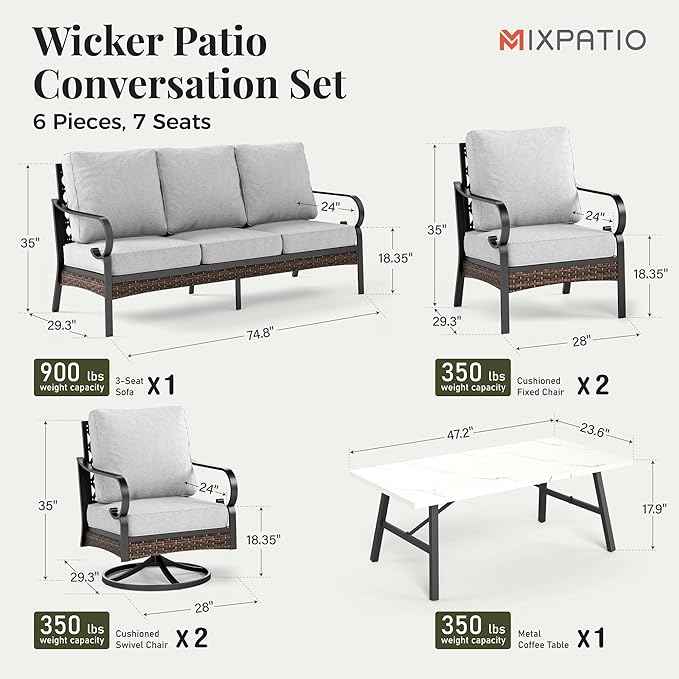 Patio Furniture Set with Coffee Table, Outdoor Conversation Set with 2 x Fixed Chairs, 2 x Swivel Chairs, 1 x 3-Seat Sofa for Lawn Garden Backyard, Light Grey