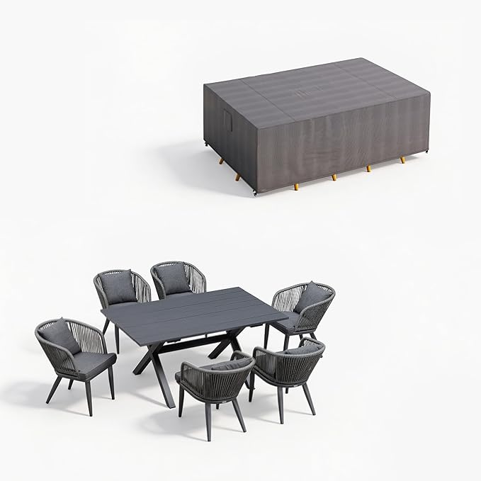 PURPLE LEAF 7 Pieces Patio Dining Set with Waterproof Furniture Cover Rectangular Table and Chairs Set for Garden Deck Aluminum Frame Backyard Kitchen Set, Cushions and Pillows Included Grey
