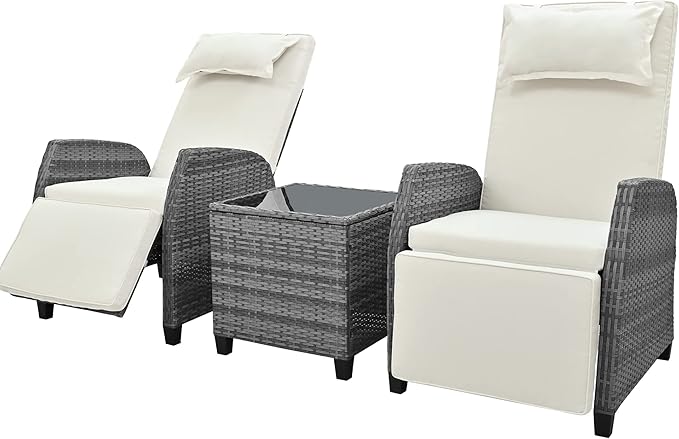 Merax Patio Conversation Set, Outdoor Rattan Chairs Set, Two-Person Combination with Coffee Table, Adjustable Chair, Suitable for Courtyard/Swimming Pool/Balcony, Beige