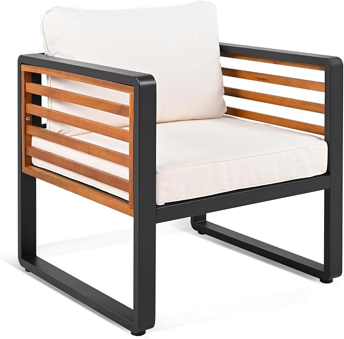 4-Pieces Outdoor Furniture Sofa for 5 Person Conversation Set, Garden Sofa Set with Removable Cushion, Metal and Wood Frame Sofa Set, Thick Cushions, Acacia Wood Tabletop, Beige