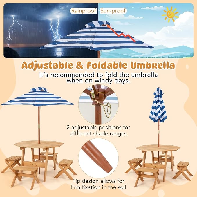KOTEK Kids Picnic Table, Fir Wood Foldable Toddler Octagon Table and Chairs with Height Adjustable Umbrella, Indoor Children Art Play Table, Activity Kids Outdoor Table for Backyard & Patio (Natural)