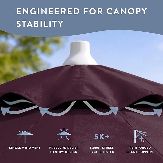 California Umbrella 10-Year Protection 9 Ft Outdoor Patio Umbrella, Pacifica Fade-Resistant Fabric, Auto-Tilt, Heavy Duty Aluminum Frame, 8 Reinforced Ribs for Pool or Deck, White Pole, Purple