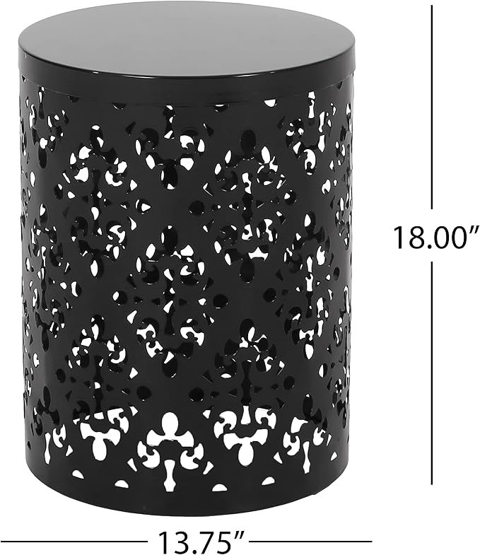 14" Cylindrical Side Table with Floral Iron Cut, Stylish End Table with Powder-Coated Iron, Practical Accent Table with No Assembly for Outdoor Patio Garden, Black