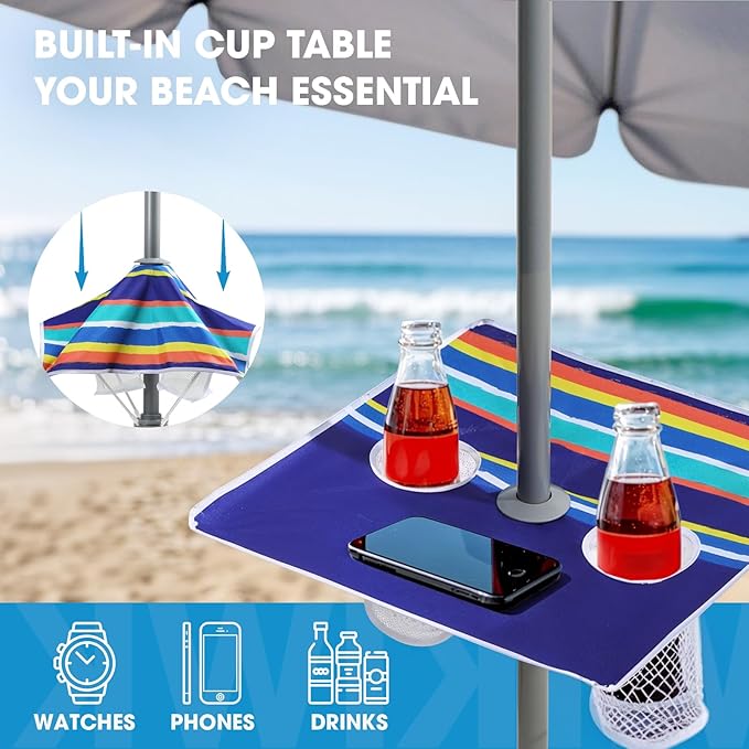 wikiwiki 7ft Beach Umbrella featuring a built-in table, UPF 50+ Protection Beach Umbrellas for Sand with Sand Anchor & Tilt, with Carry Bag and Hook, Dark Blue Stripes