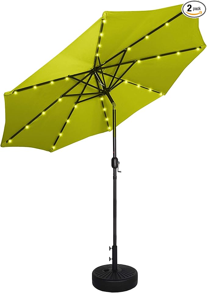 WO 9 ft. Patio Solar Power LED Lights Market Umbrella with Black Color Round Free Standing Weight Kit, Lime Green
