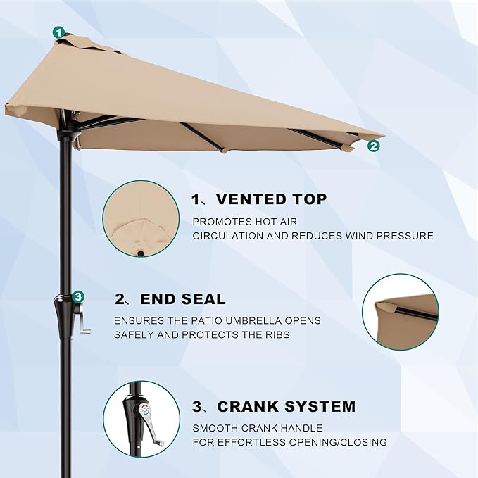 AreShark 9FT Half Patio Umbrella, Outdoor Wall Umbrella with Crank & 5 Sturdy Ribs, Table 1/2 Umbrella Patio for Garden, Deck, Balcony and Pool, Beige