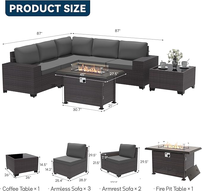 Patio Furniture Set 7 Pieces Outdoor Furniture Patio Conversation Set w/43in Gas Fire Pit,PE Rattan Wicker 7 Pcs Outdoor Sofa Set w/55000 BTU Propane Fire Pit Table,Grey