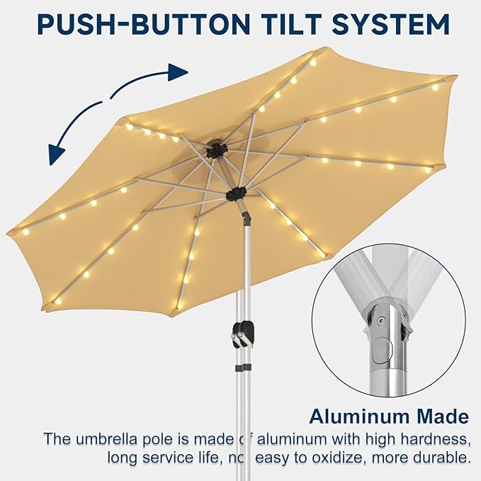 10FT 40-LED Solar Lighted Aluminum Patio Umbrella, Fade-Resistant Outdoor Market Table Umbrella with Push Button Tilt Function, 8 Sturdy All-Aluminum Ribs for Gardens, Decks, Backyards & Pools