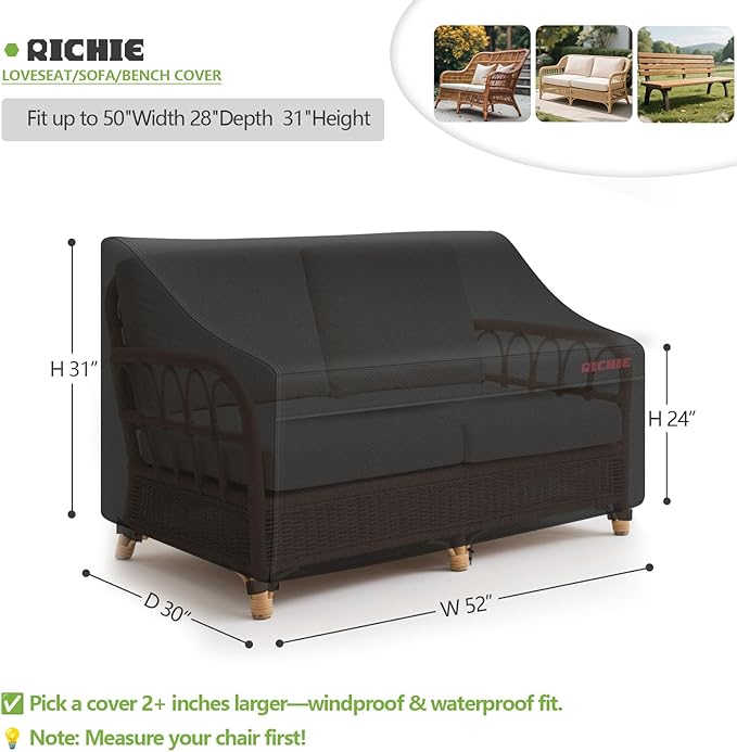 RICHIE Patio Loveseat Cover - Waterproof Outdoor 2-Seater Sofa Cover with Air Vent, UV Resistant Patio Furniture Covers for 52"W x30"D x31"H Loveseats (Black)