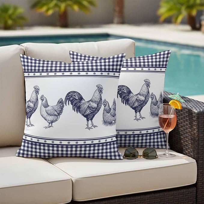 Navy Blue Rooster Outdoor Pillow Covers 16x16 Inch Throw Pillow Covers Set of 2 Waterproof Decorative Pillow Cases Vintage Farmhouse Blue Plaid Cushion Covers for Patio Furniture Garden Couch Sofa