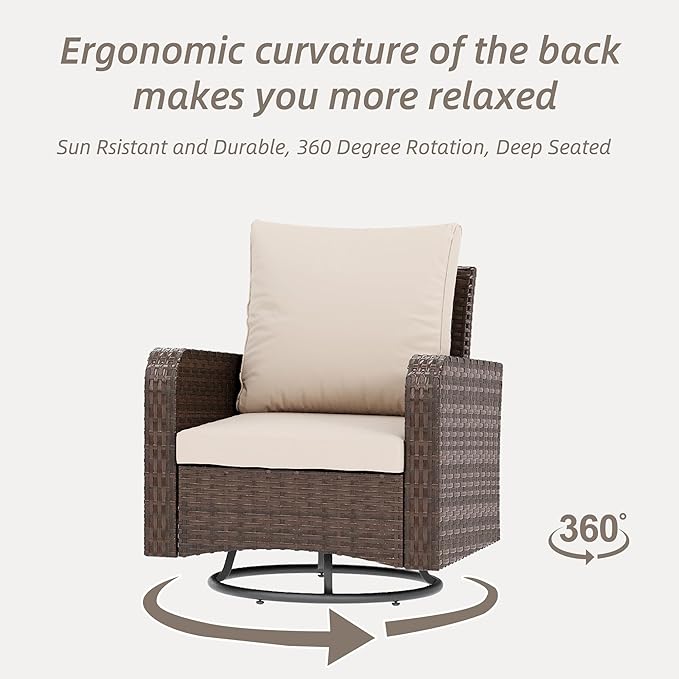 HOMREST 5 Piece Outdoor Patio Furniture Set-Wicker Swivel Chairs Set of 2 with 2 Ottoman, Coffee Table & Cushions Small Patio Furniture Set for Garden, Balcony (Khaki)