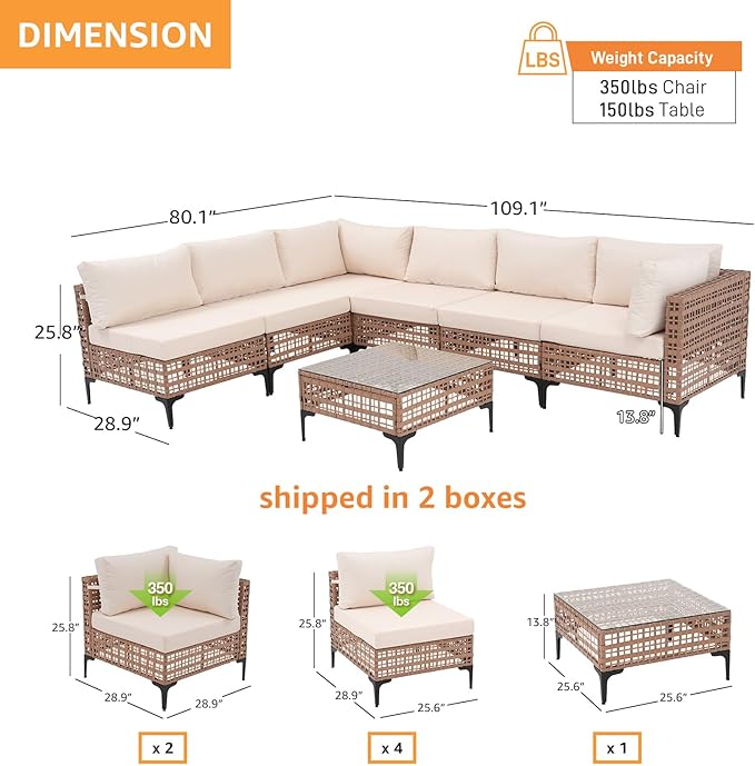 Patiorama 7 Piece Wicker Patio Furniture Set, Natural-Colored PE Rattan Outdoor Conversation Set Sectional Sofa with Water Resistant Cushion and Glass Table, Outdoor Couch, Porch, Backyard-White