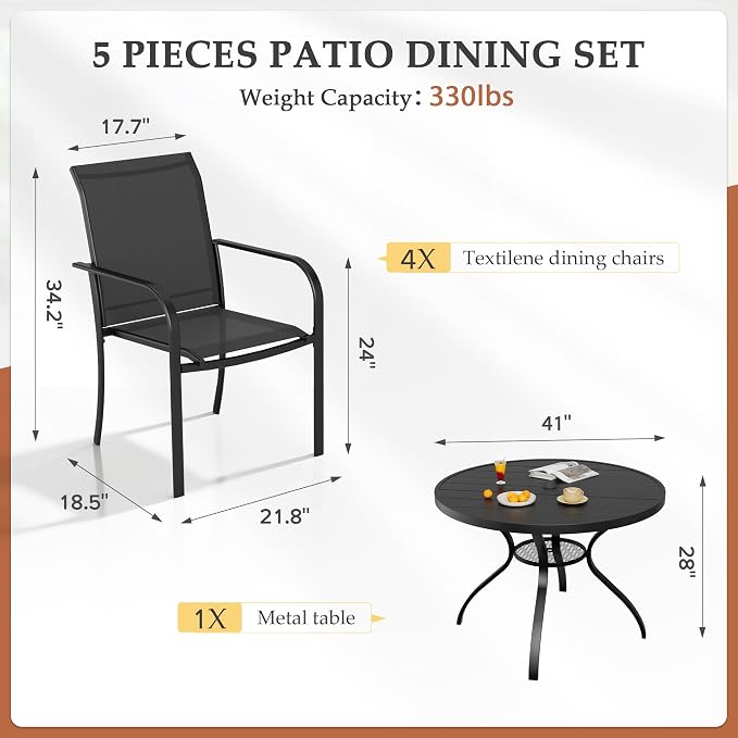 Incbruce 5 PCS Patio Dining Set, Outdoor Dining Set of 4 Textilene Chairs and 41" Round Table with Umbrella Hole for Backyard, Garden, and Poolside (Black)