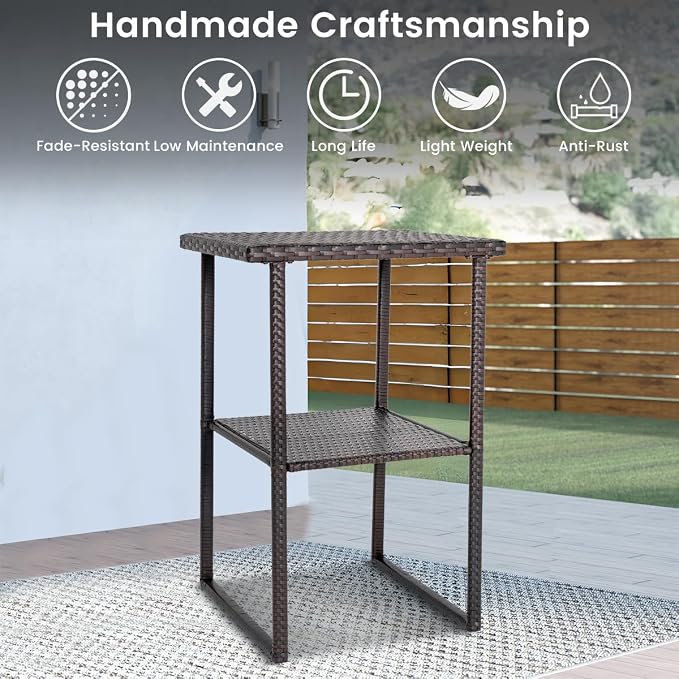 Sundale Outdoor Wicker Bar Table, 36 Inch Counter Height Patio High Top Dining Table, Rattan Bistro Pub Table with Storage Shelf for Deck Poolside Balcony Garden, Variegated Brown