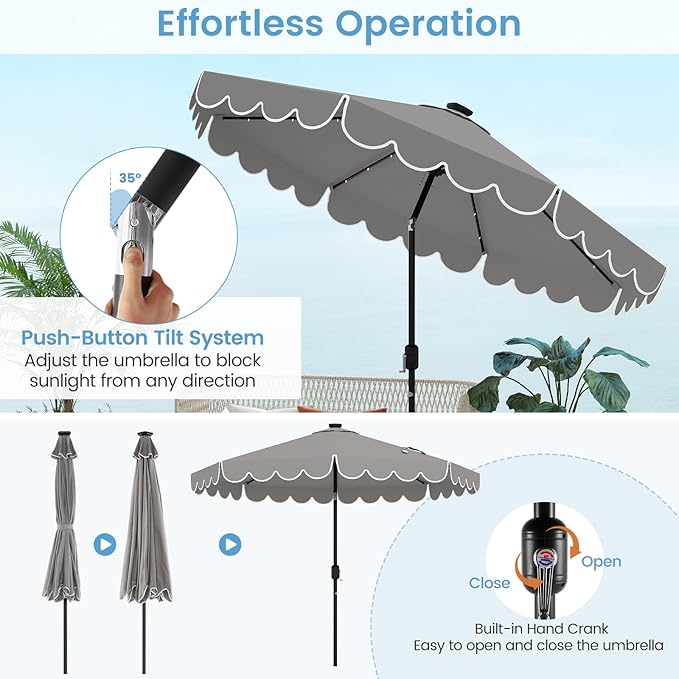 HAPPYGRILL 10 FT Patio Umbrella with Solar Lights, Market Sunshade with Ruffles, Vented Top, Tilt Adjustment & Built-in Crank, Outdoor Parasol Canopy for Backyard Poolside Deck Beach Lawn