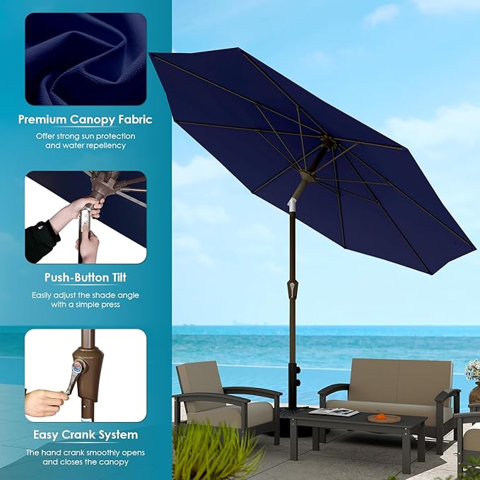 GREENVINES 9-FT-Patio-Umbrella | Outdoor-Table-Umbrellas | 8 Sturdy Fiberglass Ribs | Push Button Tilt & Crank | Waterproof | Market Umbrella | for Pool Backyard Garden Deck | Navy Blue