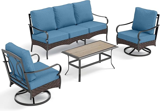 PHI VILLA Outdoor Patio Furniture Set, Upgraded Wicker & Metal Patio Conversation Set with Waterproof Thick Cushions for Porch, Poolside, Yard (4 Pieces, Navy)